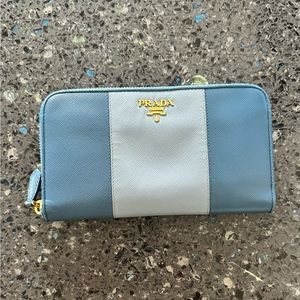 PRADA Saffiano Blue Two-Tone Zippy Wallet